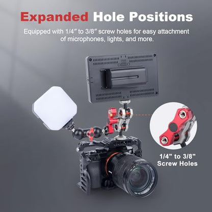 Dual Ball Head Camera Mount with 360 Degree Adjustment - Aluminum Alloy Clamp for Insta360/GoPr0/Camera Cage/LED Light/Microphone - 1/4" & 3/8" Screw Holes with Anti-Slip Design 61013