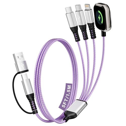 Cruise Travel Essentials 2026, Dual USB C 4 in 2 Charging Cord 5 FT, USB A/C Input, 1 C Port Data Transfer, iWatch Charger & IP, Simultaneous Charging for iPhone 17-11 iPad iWatch Series-Purple - color: Lavender, size: 1Pack5FT