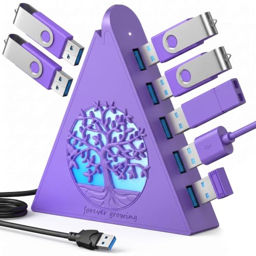 7-Port USB 3.0 Hub, Deep Purple Vertical USB Expander with Tree RGB Lighting, 5Gbps Data Transfer, 2FT Cable, Compatible with Laptop, Desktop, PS5, Xbox, Printer, Flash Drive, HDD - color: 3-Tree Deep Purple