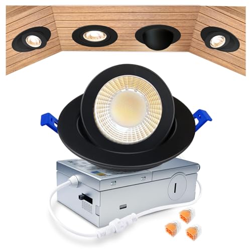 zouzai 3 Inch Gimbal LED Recessed Lights, Black, 1 Pack, with Junction Box, 360°+ 90° Adjustable, 5CCT 2700K-5000K, Dimmable, Canless Eyeball Downlight, CRI90+, 800LM 7W 120V, ETL - color: Black-3 inch, size: 1 Pack