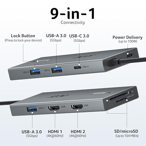 Acer USB-C Docking Station Dual Monitor, 9-in-1 Laptop Dock with 2 HDMI | Laptop Docking Station with 4K@60Hz HDMI, USB A&C 3.0, SD/Micro SD, 100W PD Compatible with Acer/Dell XPS/HP/Mac (2FT) - size: 2FT