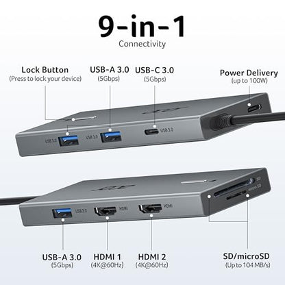 Acer USB-C Docking Station Dual Monitor, 9-in-1 Laptop Dock with 2 HDMI | Laptop Docking Station with 4K@60Hz HDMI, USB A&C 3.0, SD/Micro SD, 100W PD Compatible with Acer/Dell XPS/HP/Mac (2FT) - size: 2FT