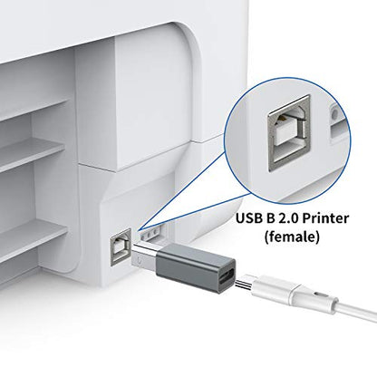 USB C Female to Printer Male Adapter (2-Pack), USB Type C to USB B Convert Connector Support Data Sync Compatible with Brother HP Canon Lexmark Epson Dell Xerox Samsung etc and Piano DAC (Grey)
