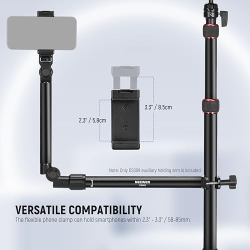 NEEWER Overhead Camera Mount with Phone Clip, 22"/56cm Clamp on Flexible Holding Arm for Desk Stand, 180° & 360° Adjustable Fits 0.87"-1.1" Tubes, 5.5lb/2.5kg Load for Camera LED Ring Light Mic, DS009 - style: DS009(2-Section)