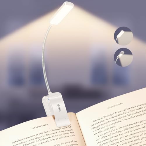 Gritin 2026 Gen 2 Book Light for Reading- 30 Eye Caring Full Spectrum LED | 5 Colors & 5 Brightness, Adjustable Wide/Narrow Beam, Upgrade 1500mAh Long-Lasting Rechargeable Clip on Light-White - color: White