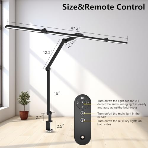 3000 Lumen Ultra Bright Architect Desk Lamp with Clamp, 36W Tall Overhead Led Desk Light for Home Office, 47Inch Long Dimmable Computer Monitor Light Bar with Remote for Table Desktop Drafting - color: Black