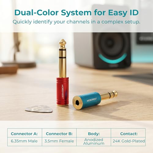 MOBOREST 1/4 to 3.5mm Headphone Adapter, 6.35mm Male to 1/8 Female Stereo Audio Jack Cable for Amp, Guitar, Piano, Mixer, Speaker, 2-Pack (Red & Blue) - color: 1RED+1BLUE