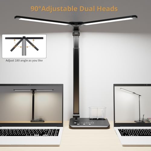 Woputne LED Desk Lamp, Dual Heads, Height Adjustable, USB Charging Port, 5 Light Modes & Dimmable Brightness, Bedside Lamp for Reading, Craft, Work, Study (Black, 15W)