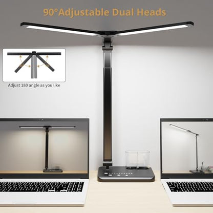 Woputne LED Desk Lamp, Dual Heads, Height Adjustable, USB Charging Port, 5 Light Modes & Dimmable Brightness, Bedside Lamp for Reading, Craft, Work, Study (Black, 15W)