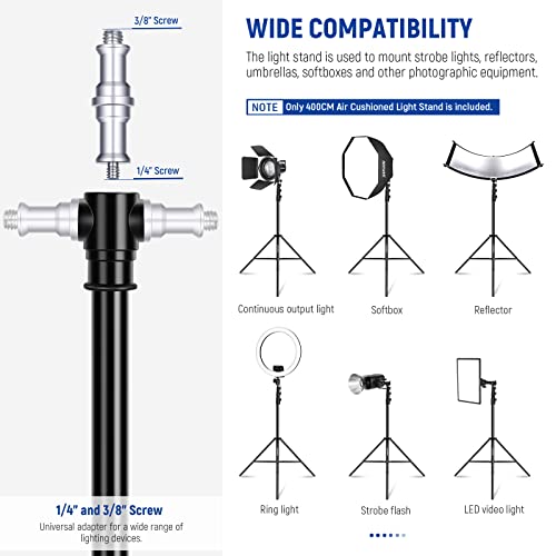 NEEWER 13ft/4m Air Cushioned Light Stand, Heavy Duty All Metal Photography Tripod Stand with 1/4” to 3/8” Reversible Spigot, 3 Way Mounting Interface & Metal Locking Knobs, Max Load 6.5lb/3kg - size: 400cm