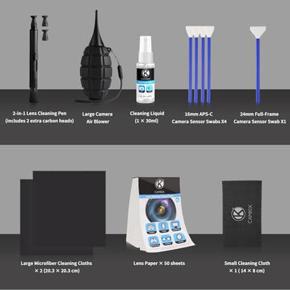 Camkix 14-in-1 Camera Lens Cleaning Kit - Includes Advanced Large Silicone Air Blower, 2in1 Lens Cleaning Pen, Dry Swabs, Cleaning Paper, 30 ML Optical Lens Spray for Mirrorless Cameras, APS-C, DSLR - color: 14 in 1