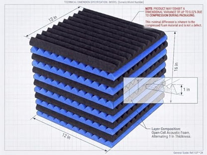 52 Pack Black blue 1" x 12" x 12" Acoustic Wedge Studio Foam Sound Absorption Wall Panels(Accompanied By Double-Sided Adhesive Tape) - color: BLACK blue