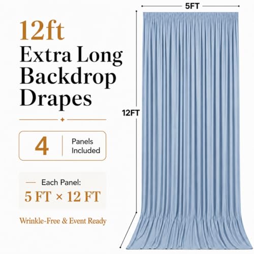 20ft x 12ft Dusty Blue Backdrop Curtains, Wrinkle Free Thick Fabric Polyester Curtains Backdrop Drapes Cover for Parties Wedding Birthday Photography Background, 4 Panels 5ft x 12ft - color: Dusty blue, size: 20FT(W) x 12FT(H)