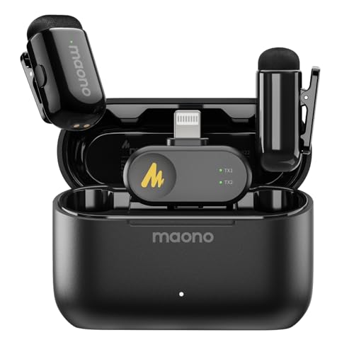 MAONO Wave T1 Mini Wireless Lavalier Microphone for iPhone iPad with MFi Certified Lightning Plug, Noise Cancellation, AI Voice Filter, 30H Used with Charging Case for Video Recording Vlog TikTok - color: Black