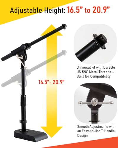 Stage Rocker Adjustable Low-profile Microphone Stand - Snare/Tom Bottom/Bass (Kick) Drum/Table Top, Adjustable Height, 15.75“ Telescoping Boom Arm, Clip-on cable holder, Powered by Hamilton (SR610111) - size: 1 Pack