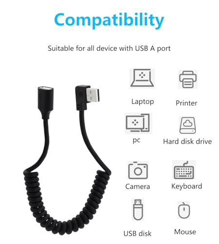 90 Degree USB 2.0 Male to Female Coiled Cable USB Spring Cable USB 2.0 Extension Cable Retractable USB Data Transmission Cord for PC,Laptop, Cameras, Mouse,Other USB Computers(Left Angle) - style: Left Angle