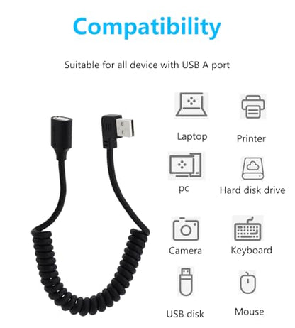90 Degree USB 2.0 Male to Female Coiled Cable USB Spring Cable USB 2.0 Extension Cable Retractable USB Data Transmission Cord for PC,Laptop, Cameras, Mouse,Other USB Computers(Left Angle) - style: Left Angle