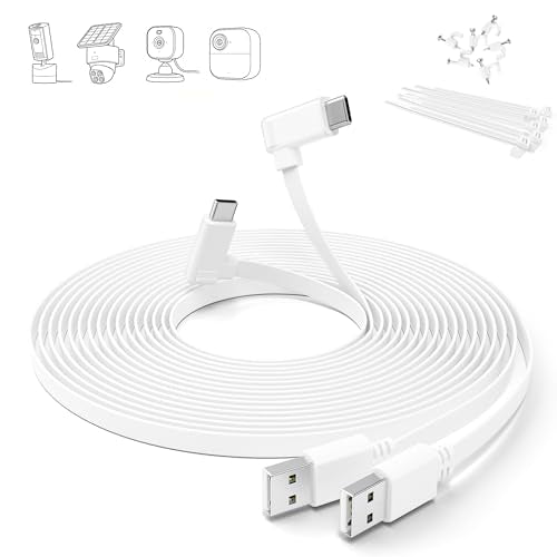 Itramax Flat USB C Cable 20FT/6M,2Pack Right Angle USB A to Type C Extension Charger Cord for Security Camera,Long Continuous Power Supply Replacement Charging Wire for Blink Outdoor 4/Mini 2 2K+,eufy - color: White, size: 20FT/6M