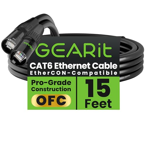 GEARit Shielded CAT6 Ethercon Cable (15 Feet) Professional Audio & Lighting RJ45 EtherCON-Compatible Cable for Studio, Stage, Concerts - 15ft Black - color: Black, size: 15 Feet