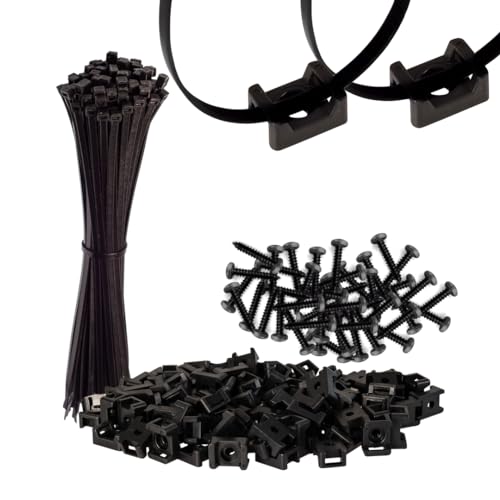 GTSE 8 Inch black Zip Ties, Saddle Mounts and Self Tapping Screws Set, 100 Pack Cable Ties, 50lb Strength, UV Resistant Strong Self-Locking Tie Wraps - color: Black, style: 0.2 " Wide / 0.14" Screw Hole Mounts and Zip Tie Set