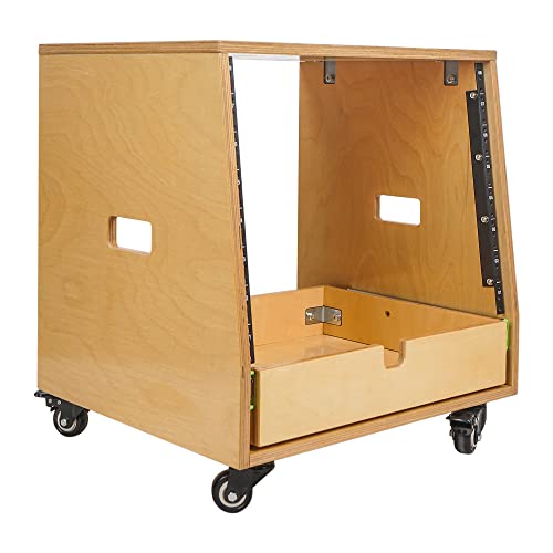 Sound Town 8U DIY Solid Baltic Birch Plywood Slanted Studio Rack with 8U Rack Space, Extra 2U Drawer, Rubber Feet, Casters, Golden Oak (SDRK-8TD2) - size: 8U, Golden Oak, Slanted w/ Drawer