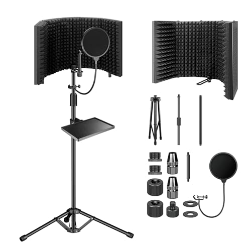 Aokeo Studio Recording Microphone Isolation Shield with Pop Filter & Tripod Stand,High Density Absorbent Foam to Filter Vocal,Foldable Sound Shield for Blue Yeti and Condenser Microphones - color: black