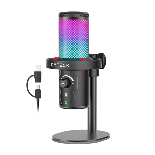 CMTECK USB Microphone for PC Gaming, Condenser Gaming Microphone with Quick Mute, RGB Indicator, Plug and Play, Desk Podcast Mic for Recording, YouTube, Streaming, Compatible with PS4/5/PC (Black) - color: Black