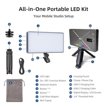 225 LED Portable Selfie Light, Video Conference Light, 4000mAh Rechargeable, App Control, Tripod, Metal Hot Shoe, Clip, CRI 97+, 24 Light Modes for Phone, Camera, Live Streaming, Makeup, Photography