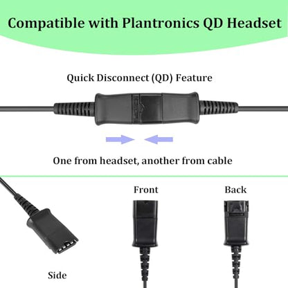 Headset USB Adapter Quick Disconnect QD Cable to USB A Plug Adapter for Plantronics QD Wired Headset with in-line Volume Mute Controls to Computer Laptop PC Mac VOIP Softphone
