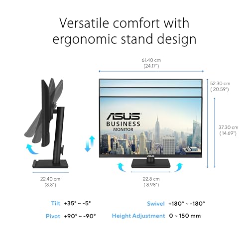 ASUS 27” 4K Business Monitor (VA27UCPS) - UHD (3840 x 2160), IPS, 99% sRGB, HDR-10, USB-C PD65W, USB Hub, Speakers, Eye Care, Ergonomic, VESA Wall Mountable, Green Sustainability, 3 yr Warranty - style: 27" 4K USB-C