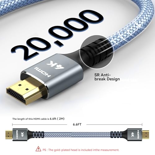 4K HDMI Cable 6.6 ft (2M), 2.0 High-Speed Braided Nylon | Supports 4K@60Hz, 2K, 1080P, ARC, CL3 Rated, For PS5, PS4, Laptops, Monitors, Fire TV, Apple TV - size: 6.6FT