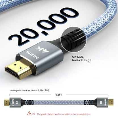 4K HDMI Cable 6.6 ft (2M), 2.0 High-Speed Braided Nylon | Supports 4K@60Hz, 2K, 1080P, ARC, CL3 Rated, For PS5, PS4, Laptops, Monitors, Fire TV, Apple TV - size: 6.6FT