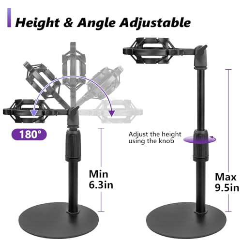 Mic Stand Desk Adjustable Desktop Microphone Stand with Stable Metal Base, Shock Mount, Pop Filter, Mic Clip, and Mic Adapter for AT2020, HyperX QuadCast, Blue Yeti, Shure SM58