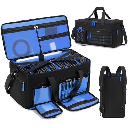Large Dj Cable Bag with Laptop and Microphone Pocket, Dj Bag for Equipment with 8 Detachable Dividers and Padded Bottom, Dj Gig Bags for Music Gear Accessories, Blue - color: Blue