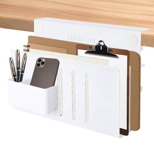 LUKETURE 2 Tier Desk Side Storage, No Drill Laptop Mount with Pen Holder | Fits Flat Edge Desks 0.3 to 2.8 Inches,Secure Grip on Wood, Glass, or Metal Surfaces Without Slipping - color: White, size: L(2 Tier)