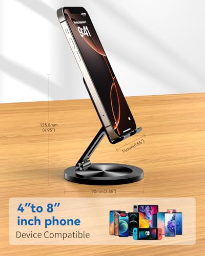 Phone Stand for Desk, 360° Rotating Dual Adjustable Foldable Holder, Heavy Solid All-Aluminum Base Anti-Slip Stable Support for Home Office Study, Fits iPhone Galaxy 4-8" Phones (Black) - color: Black