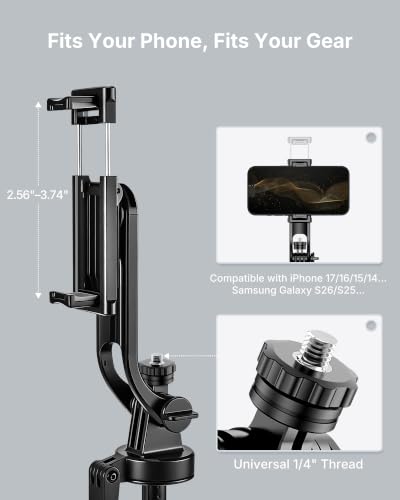 4-Leg Phone Tripod, 71-inch Selfie Stick for iPhone & Android | Anti-Slip Quadrapod Base, Snap-Release Phone Holder, Aluminum Alloy Pole for Durability, Secondary Handle Grip for Stability