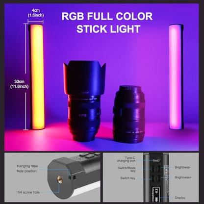 114 LEDs RGB Video Light Wand, Magnetic Handheld Magnetic Tube Light 2500K-9000K CCT & 20 Scene Modes with 3000mAh Battery, 95+ CRI, 120° Beam Angle for Photography YouTube TikTok Vlog - size: 11.8 inch