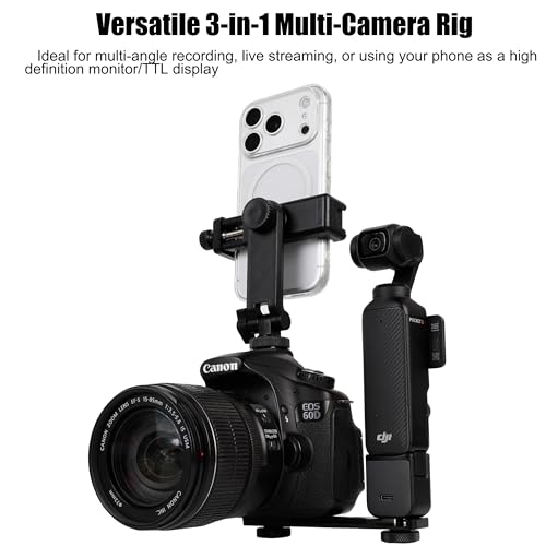 Multi-Camera Mount Rig for DJI Osmo Pocket 3 4 insta360 Luna Ultra & DSLR Digital Action Camera – Dual 1/4" Screws with Cold Shoe Mounts, Tripod Compatible, Supports Phone as Monitor