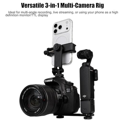 Multi-Camera Mount Rig for DJI Osmo Pocket 3 4 insta360 Luna Ultra & DSLR Digital Action Camera – Dual 1/4" Screws with Cold Shoe Mounts, Tripod Compatible, Supports Phone as Monitor
