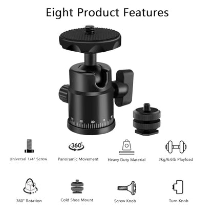 Universal 1/4" Swivel Mini Ball Head Screw Tripod Mount with Hot Shoe Mount, EszkozTA 360° Panoramic Rotating Mount Base Adapter for DSLR Cameras HTC Vive Tripods Monopods Light Stand - color: Black
