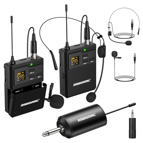 UHF Dual Channel Wireless Lavalier Microphone System-2 Bodypack Transmitters with Headset & Lapel Mics, Rechargeable Receiver, Echo Function,50m/164ft Range 1/4" Output for Recording Karaoke Teaching