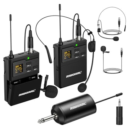UHF Dual Channel Wireless Lavalier Microphone System-2 Bodypack Transmitters with Headset & Lapel Mics, Rechargeable Receiver, Echo Function,50m/164ft Range 1/4" Output for Recording Karaoke Teaching