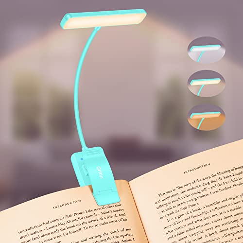 Gritin 19 LED Rechargeable Book Light for Reading in Bed | Eye Caring 3 Color Temps,Stepless Dimming Brightness,Memory Function,90 Hrs Runtime Lightweight Clip on Light-Blue - color: Blue
