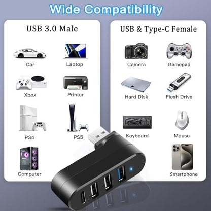 4-Port USB 3.0 Hub [90°/180° Rotatable],USB Splitter with 1 USB 3.0 Port,2 USB 2.0 Ports,and 1 USB C Data Port, USB Extender Compatible with Laptops,Cars,Surface go,MacBook Air/Pro,and Other Devices