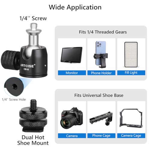 ARTCISE Mini Metal Ball Head (2 Pack) with 1/4" Screw and Removable Hot Shoe Mount, 360 Degree Rotatable Aluminum Tripod Head，Compatible with Cameras, Smartphone/iPad Mounts, Maximum Load 2kg/4.4 lbs