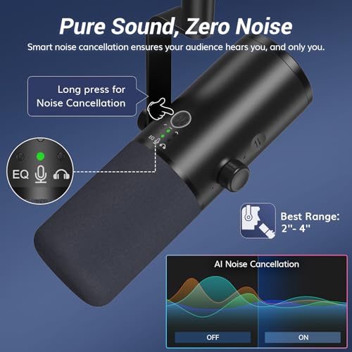 TONOR Dynamic Podcast Microphone for Studio, Cardioid XLR/USB Mic, AI Noise Cancellation, Tap Mute, 3.5mm Headphone Jack for Monitoring, Volume Control, Microfono with Boom Arm, Black, TD510 AIR H+