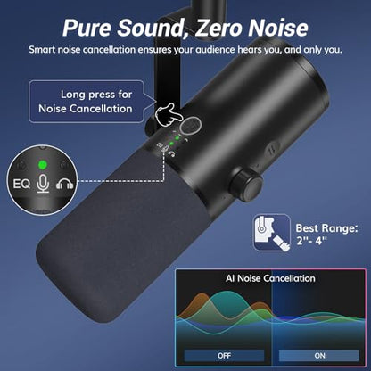 TONOR Dynamic Podcast Microphone for Studio, Cardioid XLR/USB Mic, AI Noise Cancellation, Tap Mute, 3.5mm Headphone Jack for Monitoring, Volume Control, Microfono with Boom Arm, Black, TD510 AIR H+