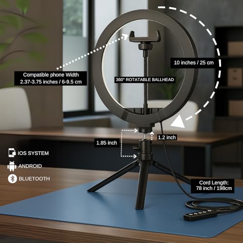 10.2" LED Ring Light for Live Streaming - Adjustable Color Modes, Phone Holder, Desktop Tripod Stand, Beauty Fill Light for TikTok, YouTube, Makeup, Photography, Zoom, Selfies