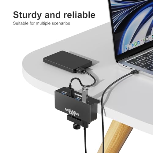 USB Hub 3.0, JESWO Clamp USB Hub with Extra Power Supply Port, Aluminum 4-Port USB 3.0 Extender Hub with 4.92ft Cable for Monitors, Desks, PC, Laptop, XPS, USB-Flash Drives, etc.